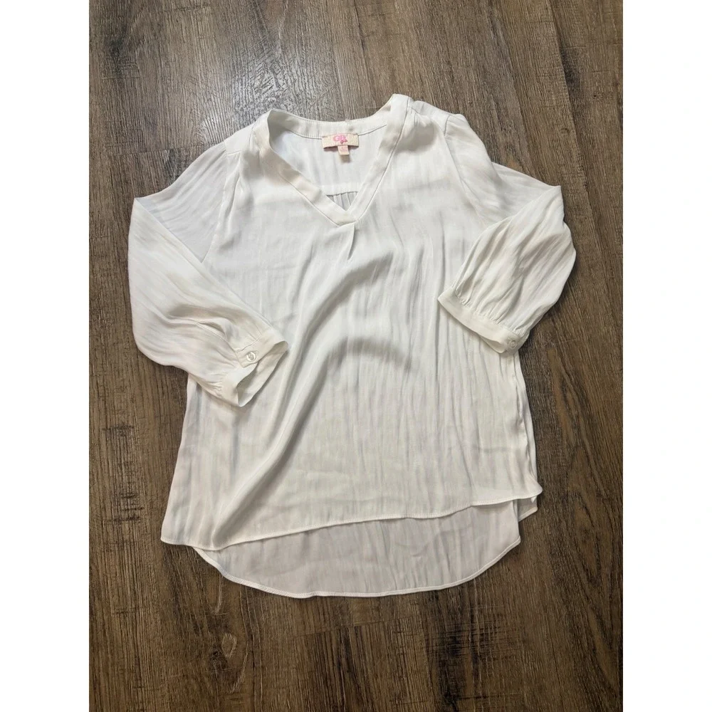 GB Girls White V-Neck Pleated Blouse Long Sleeve High-Low Hem Size L GG2950HCU